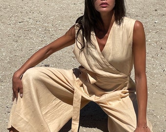 Wide Leg Linen Jumpsuit in Sand Beige, Wrap Linen Jumpsuit, Linen Jumpsuit for Women , Linen Romper, linen Jumpsuit Dress, Safari look