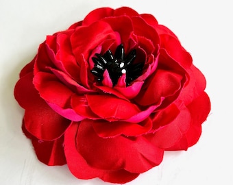 Huge Silk Flower Brooch, Red & Fuchsia Flower Brooch, Oversized Flower Brooch, Flower Crown, Bouttoniere, Silk Flowers-Wearable art-Handmade