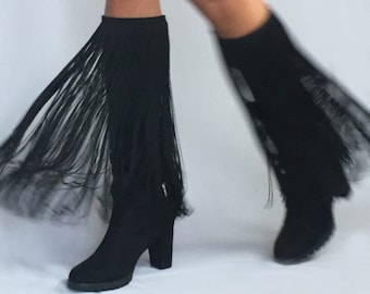 Black fringe boot cuff- Fringe boot covers- Black boot covers- Boot toppers- Boot wraps- Boot bling- Boot jewelry- Silk fringe boot cuff