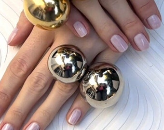 Double Ball Ring, Sphere Ring, Bubble Ring, Dome Ring, Globe Ring, Statement Ring , 3D Ring, Double Ball ring in Gold, Silver and Black Inox