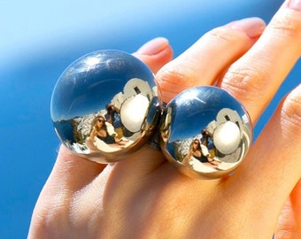 Extra Large Silver Statement Ring: Double Ball Oversized Cocktail Ring