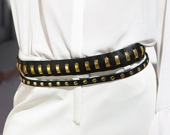 Black Leather Wrap Belt With Gold Studs: Handmade Genuine  display picture 3