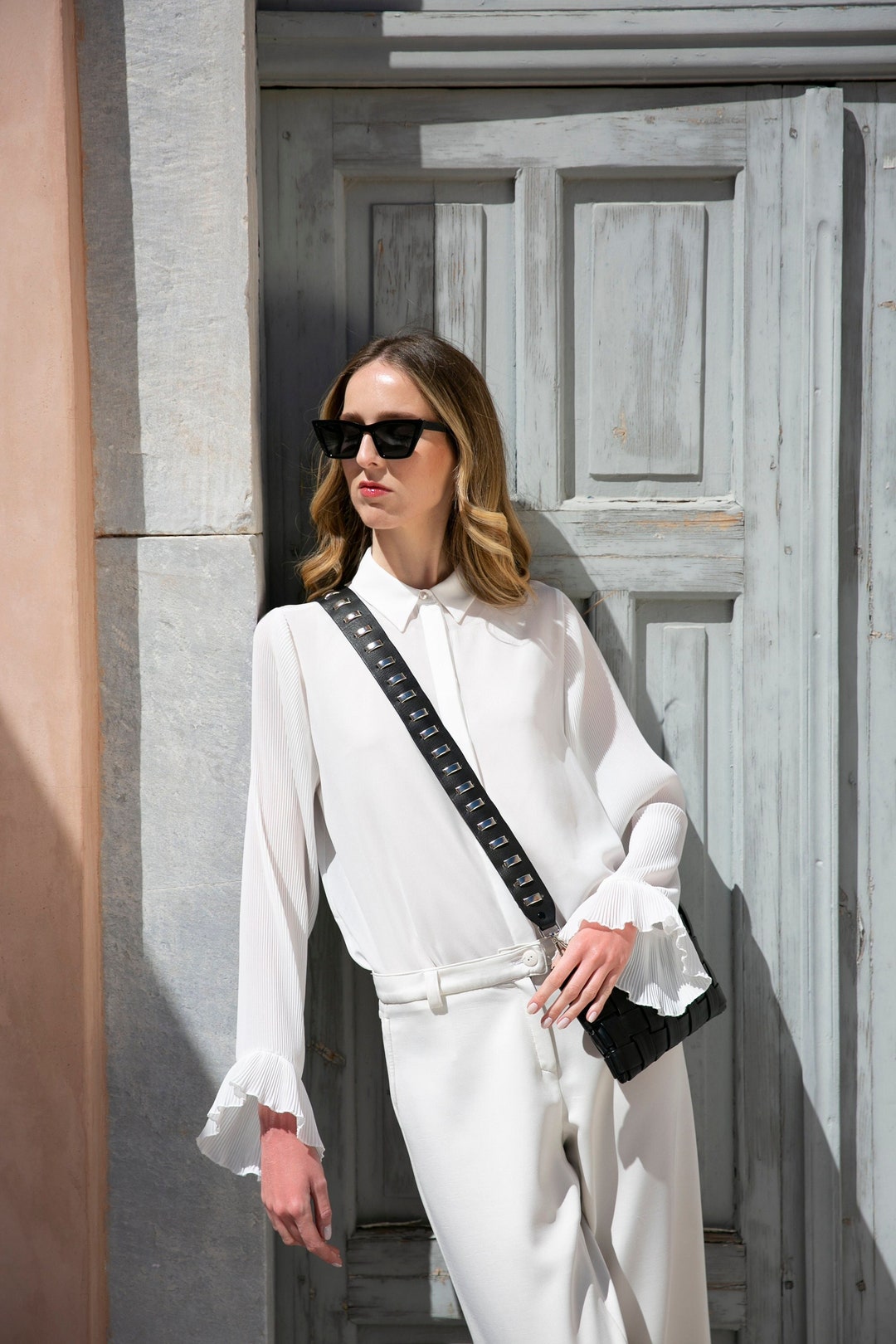 Nieten Silber Cross Body Taschengurt Schwarz Leder Nieten