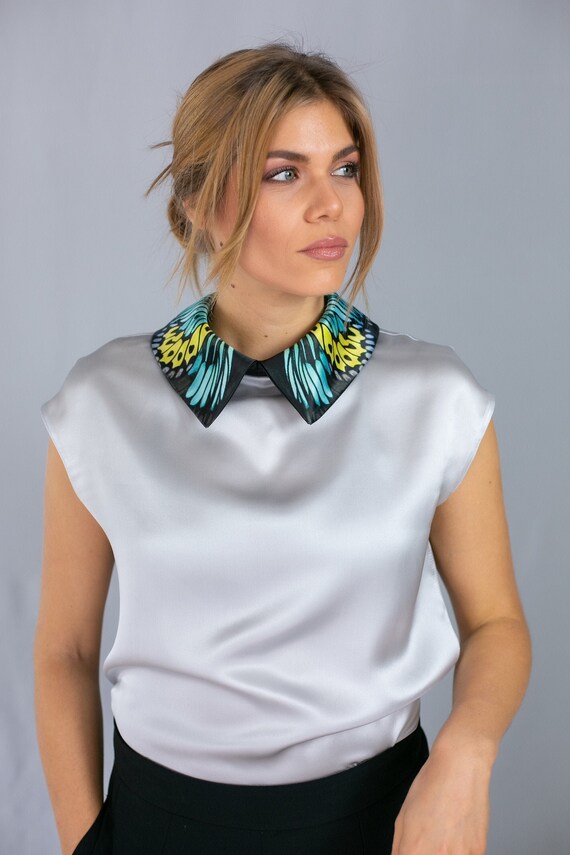 Mujer camisa de seda en gris plateado cuello de ala de mariposa turquesa cuello de dia blusa de seda alas de mariposa camisa de seda de mariposa Etsy Espana