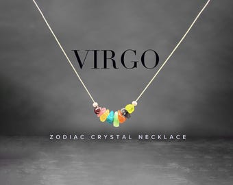 Virgo Zodiac Necklace: Raw Crystals, Sterling Silver Astrology Choker