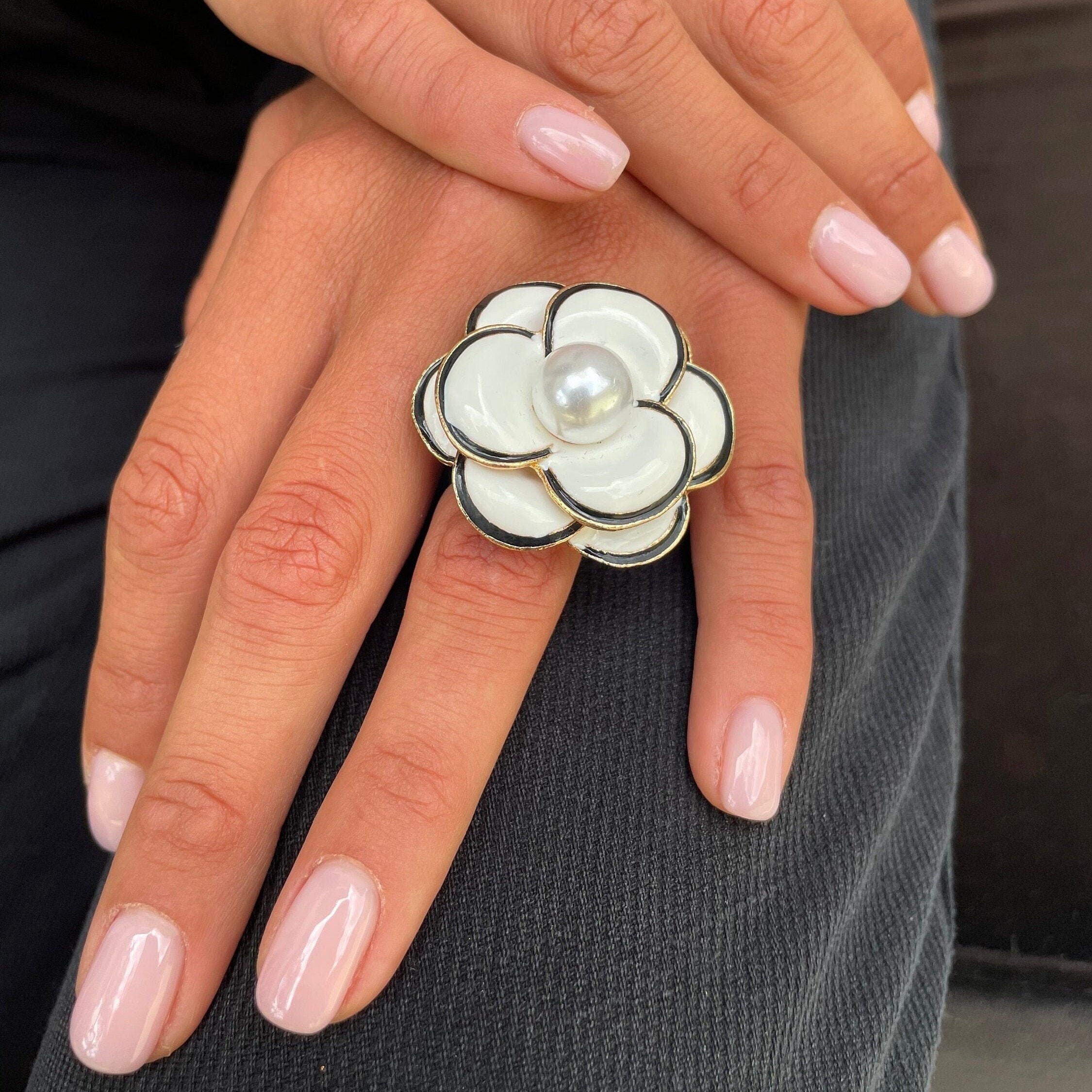 Chanel Womens Camellia Flower CC Logo Ring