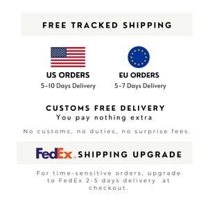 May include: A graphic display featuring the text FREE TRACKED SHIPPING, US ORDERS with the American flag, EU ORDERS with the European Union flag, CUSTOMS FREE DELIVERY, and FedEx SHIPPING UPGRADE with the FedEx logo and delivery details.