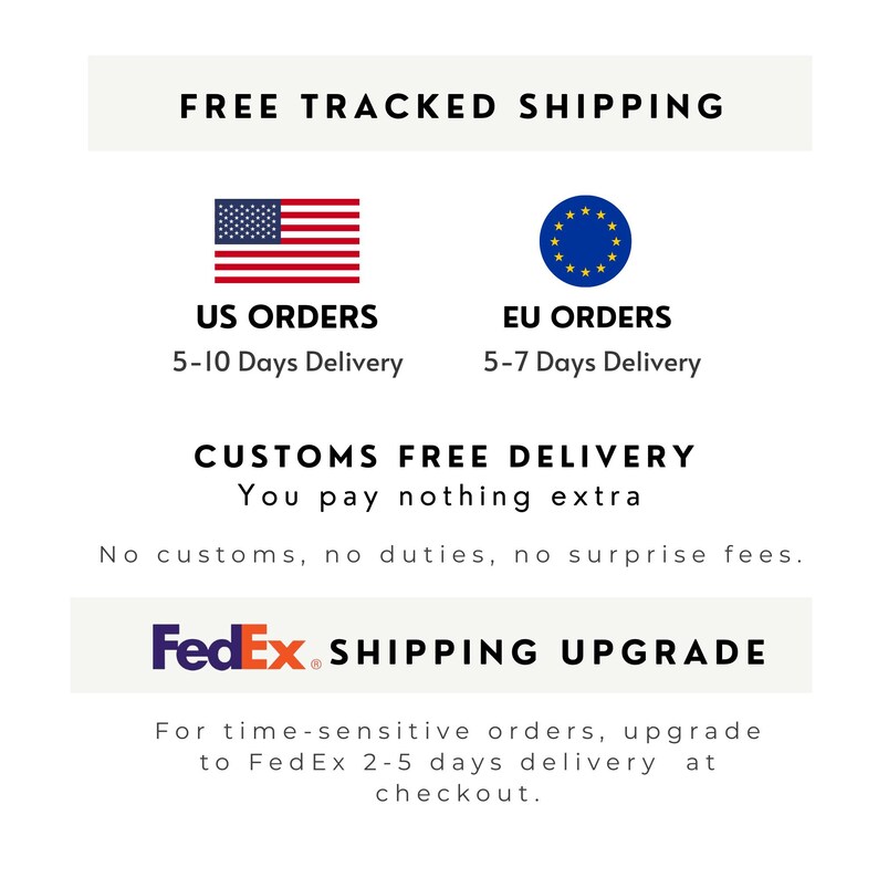May include: A graphic display featuring the text FREE TRACKED SHIPPING, US ORDERS with the American flag, EU ORDERS with the European Union flag, CUSTOMS FREE DELIVERY, and FedEx SHIPPING UPGRADE with the FedEx logo and delivery details.