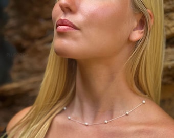 Station Pearl Necklace, Silver Pearl Necklace, Dainty Freshwater Pearl Necklace, Wedding Pearl Necklace, Bridesmaid Gifts, Wedding Jewelry