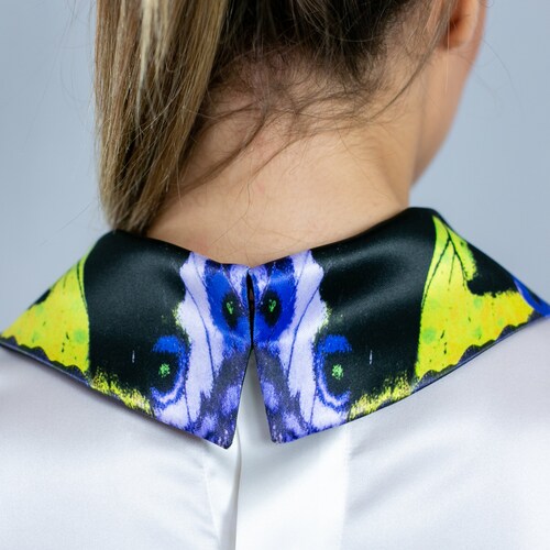 Butterfly shops wing, silver, blouse, with butterfly wing collar, detachable collar, mix & match , day collar, office blouse/avant garde clothing