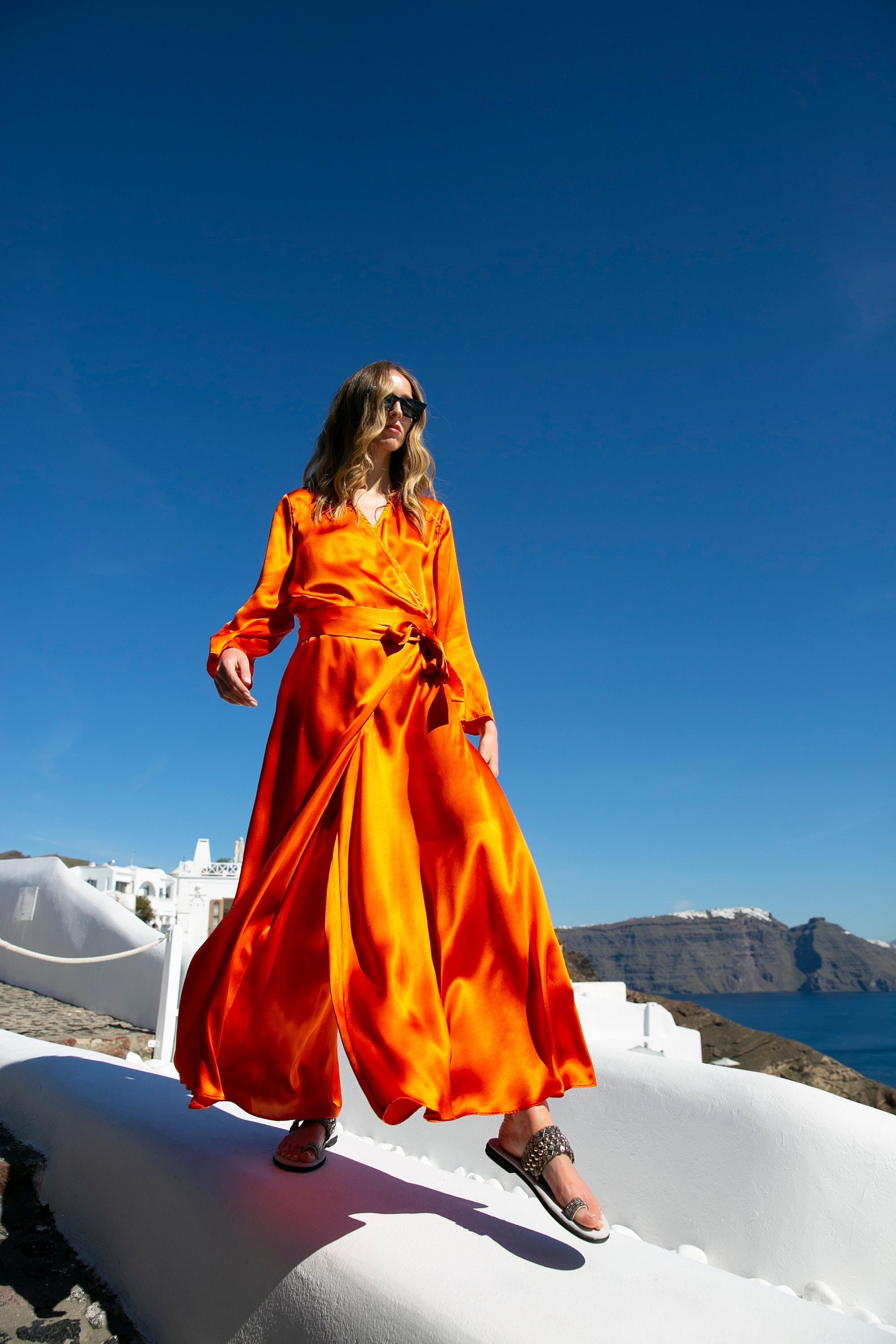 Vivid Orange Wide Leg Silk Jumpsuit, Wrap Silk Jumpsuit