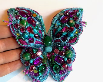 Embroidered Butterfly Brooch, Turquoise Butterfly Brooch, Beaded Brooch, Butterfly Jewelry, Butterfly Pin, Statement Brooch, Large brooch