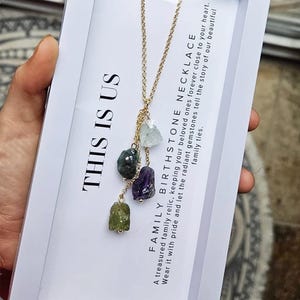 Custom Raw Birthstone Necklace, Mother of 3, Unique Mother Gift, Natural Kids Birthstone Family Necklace, Boho Birthstone Necklace