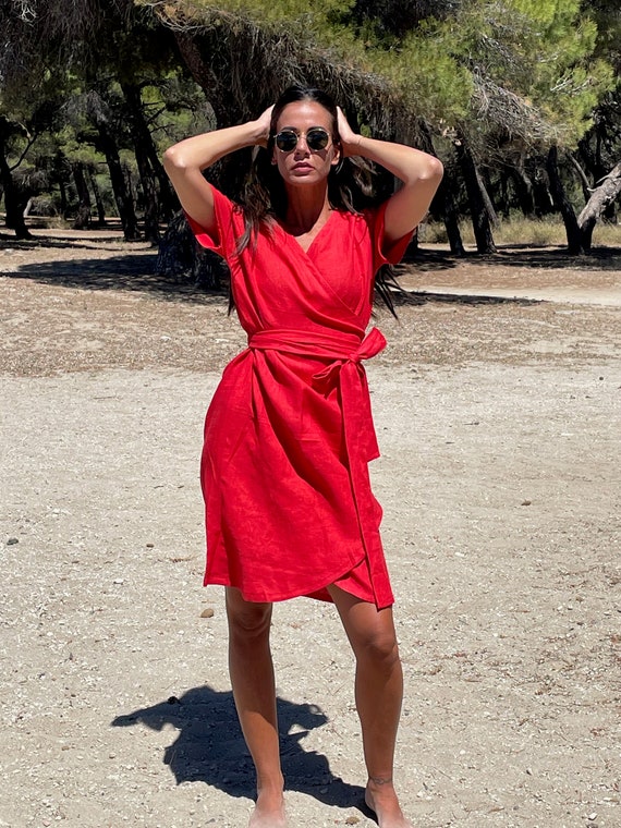 Red Loose Wrap Linen Dress Red Linen Wrap Dress Maternity | Etsy