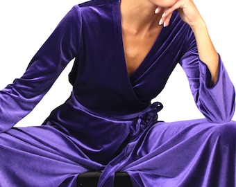 Luxury Purple Velvet Pajama Set: Wide Leg Jumpsuit, Old Hollywood Glamour