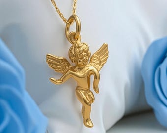 14k Solid Gold Guardian Angel Necklace: Archangel Protection Pendant, St Michael Pendant
