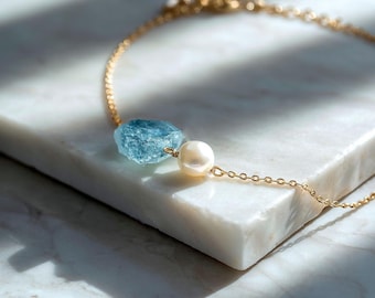 Aquamarine & Pearl Anklet: Sterling Silver 'Something Blue' Wedding Jewelry