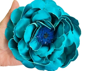 Turquoise Handmade Silk Flower Brooch, Huge  Turquoise Brooch, Large Flower Brooch, Flower Crown, Turquoise Fabric Flower, Flower Jewellery