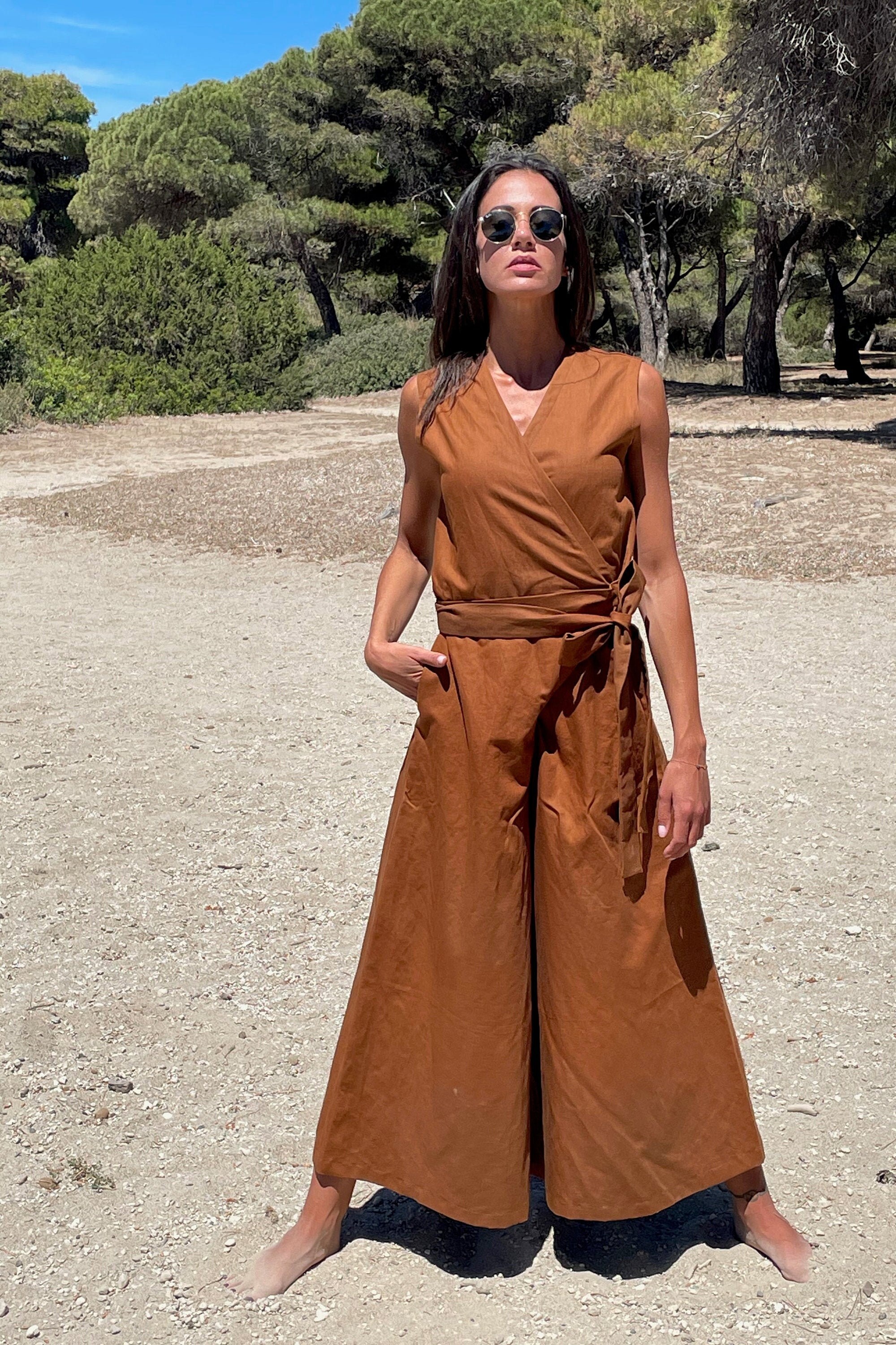 ブラウン ジャンプスーツ Lサイズ ポプリン ロングジャンプスーツ - ダークブラウン | ZARA Japan / 日本