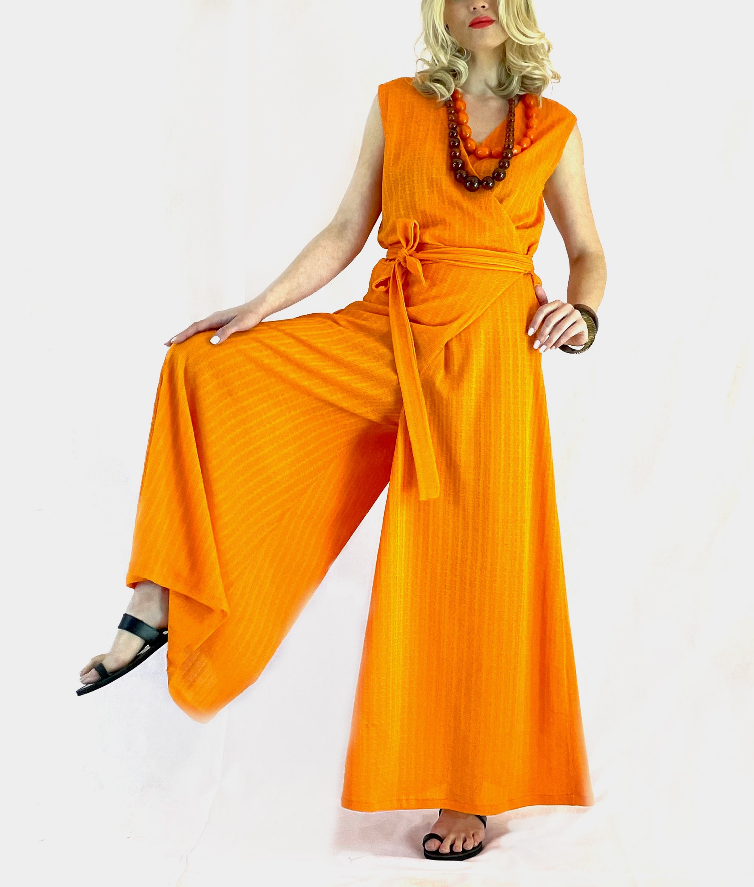 Orange wide leg Summer Jumpsuit Wrap Orange Jumpsuit | Etsy