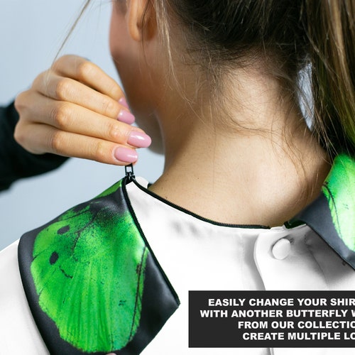 Butterfly shops wing, silver, blouse, with butterfly wing collar, detachable collar, mix & match , day collar, office blouse/avant garde clothing