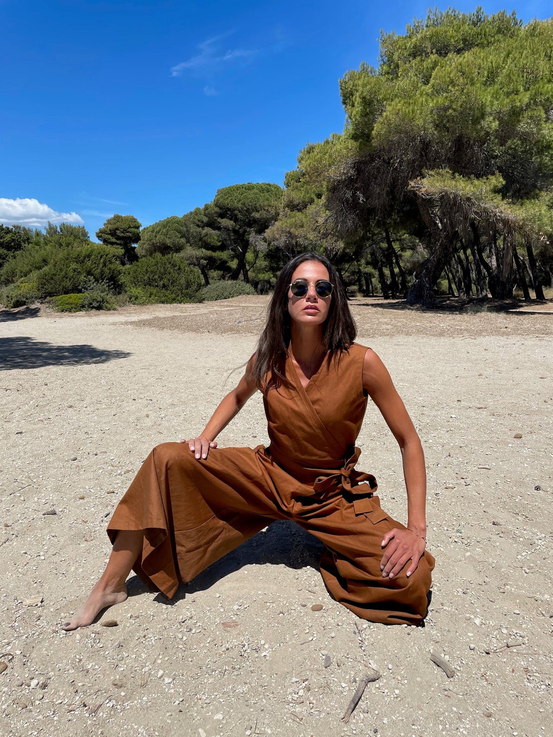 Wide Leg Linen Jumpsuit in Camel Brown, Wrap Linen Jumpsuit, Linen ...