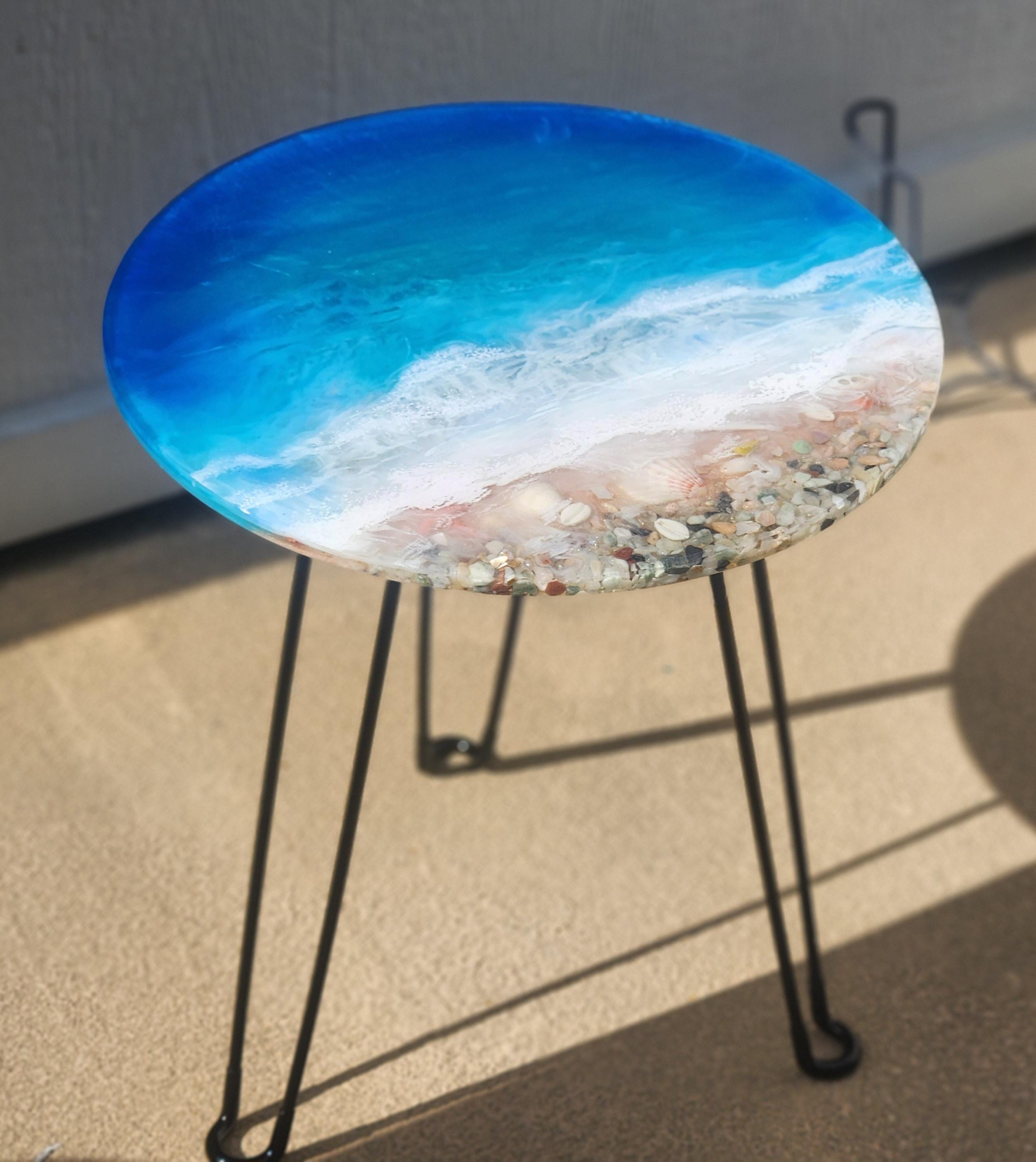 Epoxy Shell Designs Ocean Resin Side Table, Handmade Beach Art Table With Real Shells ...