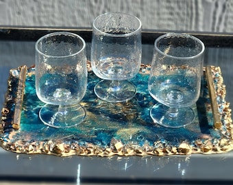 Handmade Blue & Gold Resin Serving Tray with Crushed Glass