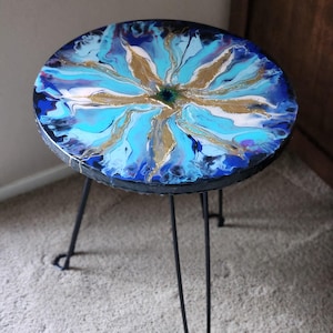 Blue and Gold Resin Coffee Table: Modern Handmade Side Table