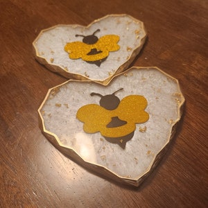 Resin Heart Coasters: Bee Home Decor, Set of 2
