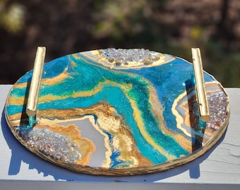 Geode Resin Tray: Turquoise, Gold, and Crushed Glass - 10" Round Serving Tray