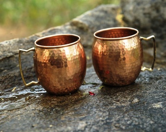 Pure Copper Moscow Mule Mug Set of 2 Cocktail 16 OZ Hammered  Drinking Mugs