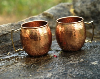 Pure Copper Moscow Mule Mug Set of 2 Cocktail 16 OZ Hammered  Drinking Mug