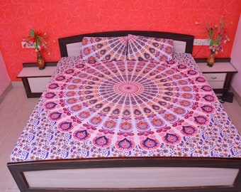 Mandala Tapestry Wall Hanging Bedding with Pillow Covers Indian Hippy Pink Purple Peacock Printed Bed Sheets Queen Size Throw Tapestry