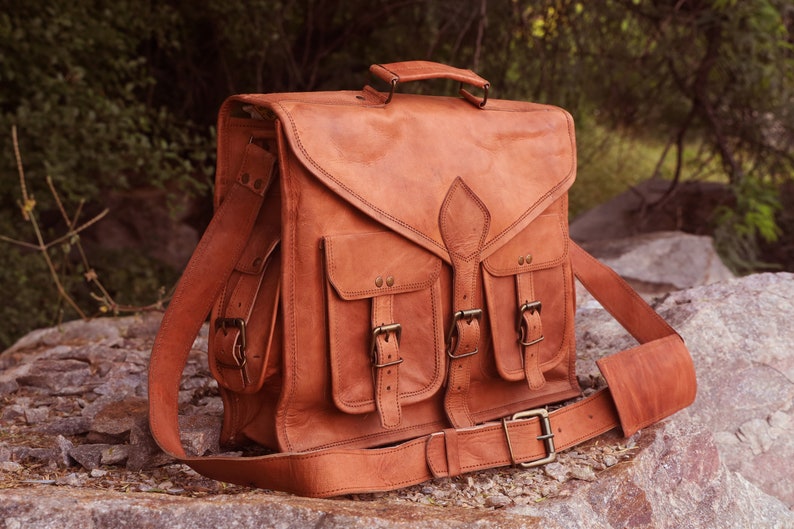 Leather Messenger Bag Mens Briefcase Bag Travel Handbag With Strap image 6