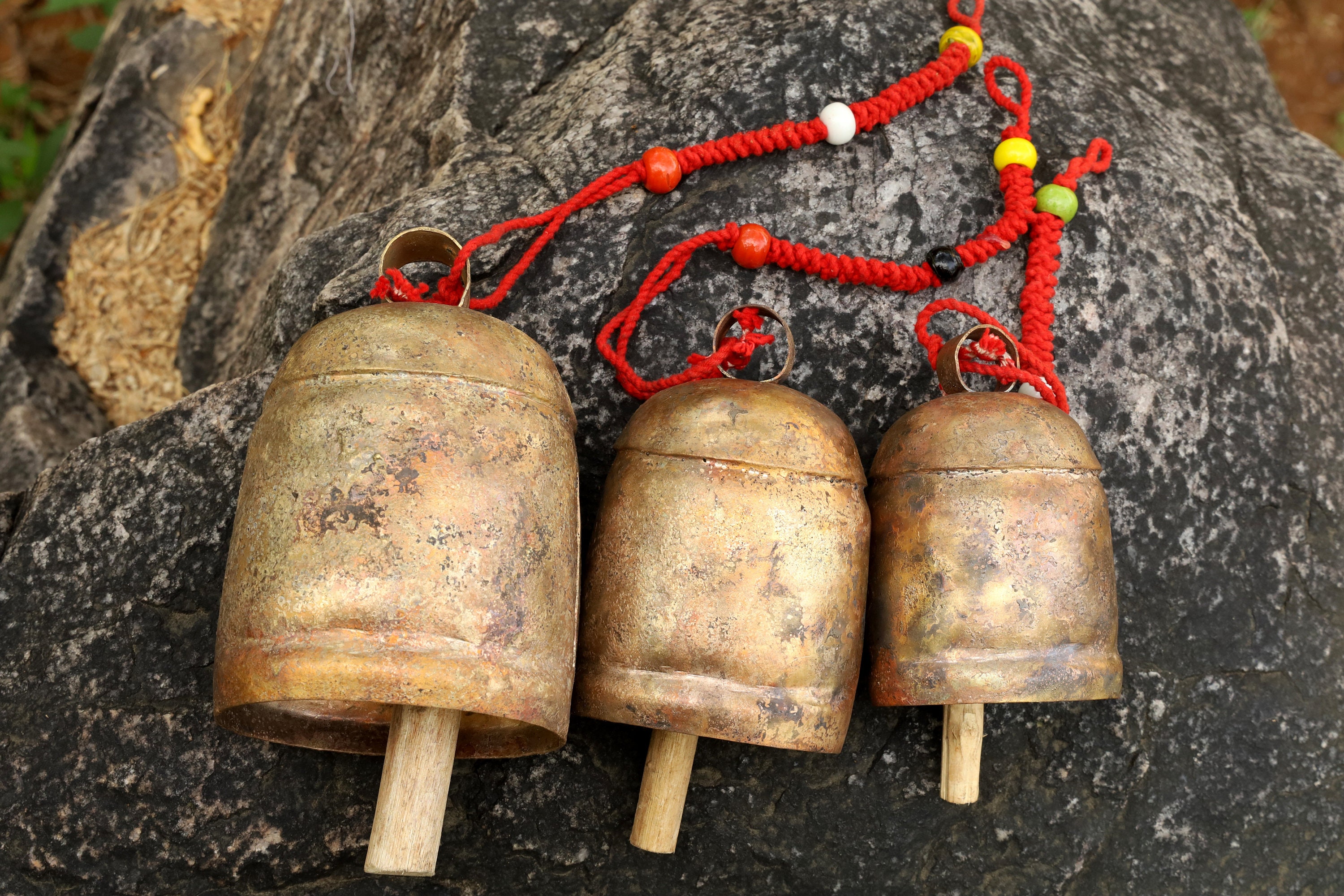 MrMrKura 2 Pieces Vintage Style Brass Hanging Bell Cowbell Door Bell  Polished Brass Bells Hanging Rope for DIY Elephant Dog Camel Bells  Christmas