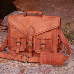 Leather Messenger Bag Mens Briefcase Bag Travel Handbag With Strap image 1