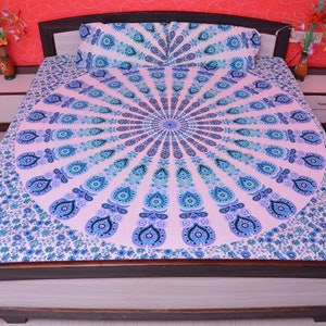 Mandala Tapestry Bedding with Pillow Covers Indian Hippie Ocen Blue Peacock Printed Bed Sheets Queen Size Throw