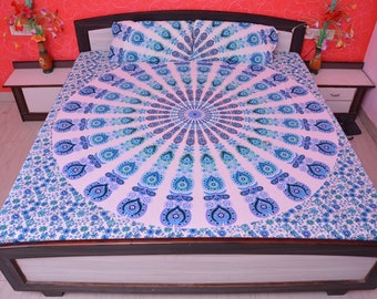 Mandala Tapisserie Literie avec oreiller couvre indien hippie Ocen bleu paon imprimé draps de lit Queen Size Jeter