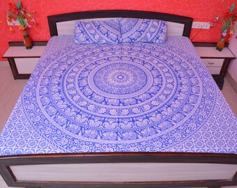 Mandala Mur suspendu tapisserie literie avec oreiller couvre indien Hippy Bleu Blanc Jungle Éléphant Imprimé Draps de lit Queen Size Jeter