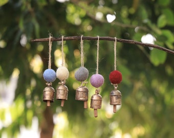 Rustic Farmhouse Gold bells with Felt pom pom Ball Set of 5 Great for Craft Projects