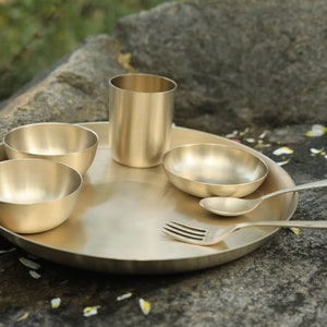 Pure Bronze Ayurveda Dinner Set 6pcs Broze Gold Tumbler Bowl Spoon Glass And Platter