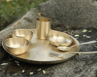 Pure Bronze Ayurveda Dinner Set 6pcs Broze Gold Tumbler Bowl Spoon Glass And Platter