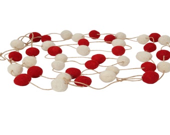 Felt Pom Pom Garland Set Of 2 Red & White Christmas Birthday Party Decor Ball Wall Hanging