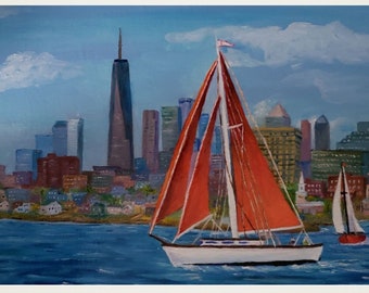 Red sails coast in NYC harbor, 11x14 oil on canvas nautical city landscape, sailing ship, urban skyscraper skyline horizon, boat wall art