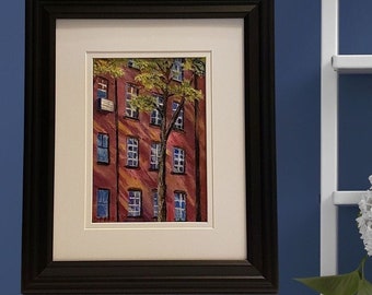 Tree out my window, hand painted 5x7 oil painting on canvas artwork, 8x10 frame, sun cast shadows, red brick building, urban wall art decor