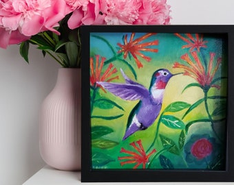 Hummingbird drinking flower nectar 8x8 hand painted canvas artwork, honeysuckle, floral bird wall art, bookshelf, desk or tabletop display