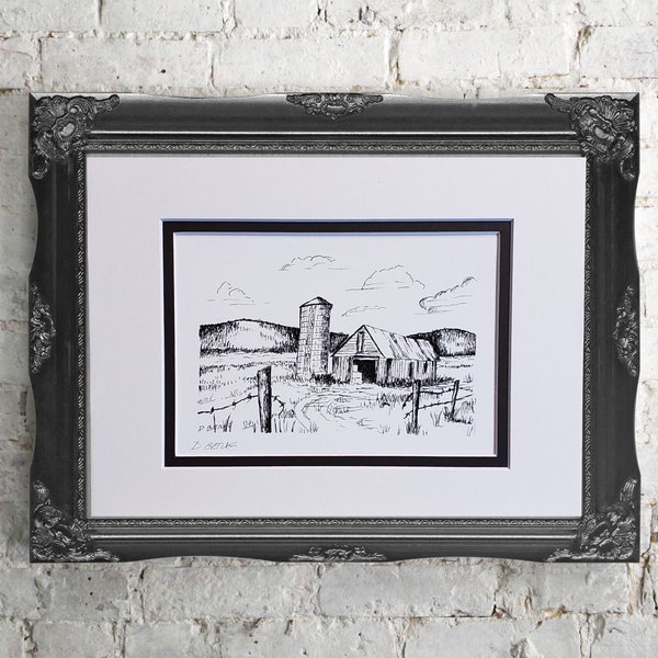 Mountain countryside farm pen & ink art print sketch, monochrome wall art black and white rustic old barn farmhouse granary, desk tabletop