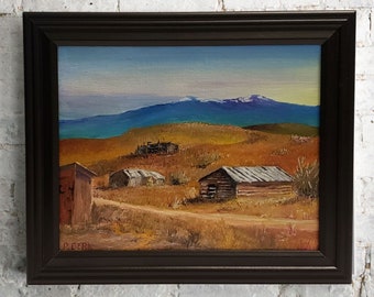 Rocky mountains desert Great Plains family homestead 8x10 oil on canvas landscape with frontier outhouse, stable, barn, wall art dark frame
