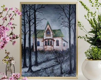 Mysterious woods forest house 10x8 painted canvas landscape, old Victorian gothic home, dark shadow black tree field wall art, table accent